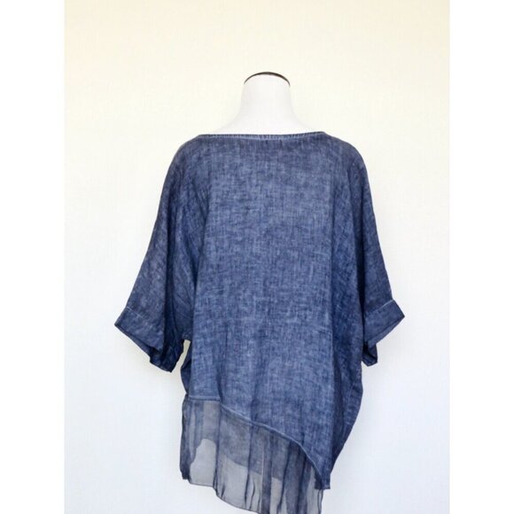 NEW! Gigi Moda Italy 100% Linen Tunic Blouse Asymmetric Hem Lightweight Blue - Picture 3 of 7